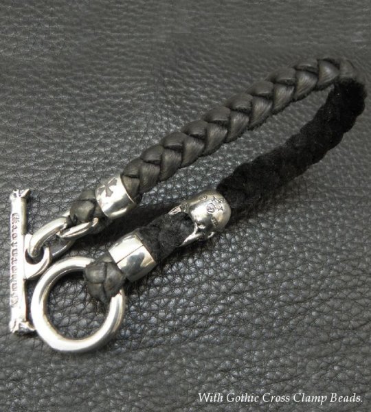 画像3: Skull On Braid Leather Bracelet With Phantom T-bar (3)