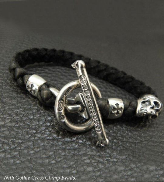 画像2: Skull On Braid Leather Bracelet With Phantom T-bar (2)