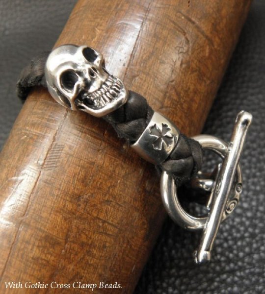 画像8: Skull On Braid Leather Bracelet With Phantom T-bar (8)