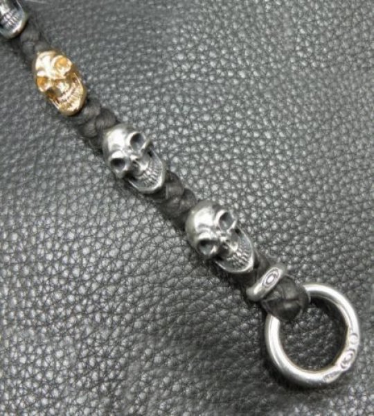 画像11: 18k Gold Single Skull In All Skull Links Braid Leather Bracelet (11)