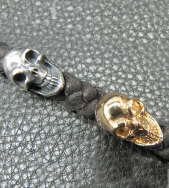 画像10: 18k Gold Single Skull In All Skull Links Braid Leather Bracelet (10)