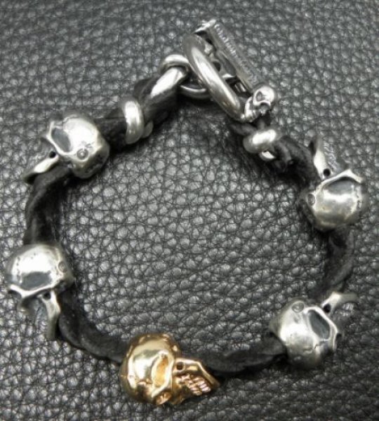 画像3: 18k Gold Single Skull In All Skull Links Braid Leather Bracelet (3)