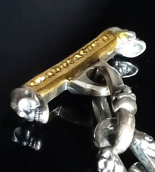 画像12: Double Skull Long Small Oval Links Pure Gold Wrap T-bar Bracelet (12)