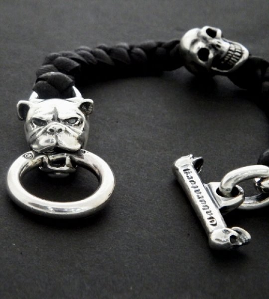 画像2: Bulldog & Skull on braid leather bracelet (2)