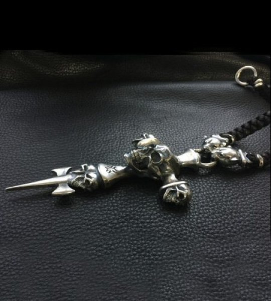 画像3: Large Skull On 2Skulls Hammer Cross Double Face Dagger With 2Panthers Braid Leather Necklace (3)