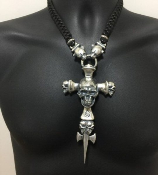 画像18: Large Skull On 2Skulls Hammer Cross Double Face Dagger With 2Panthers Braid Leather Necklace (18)