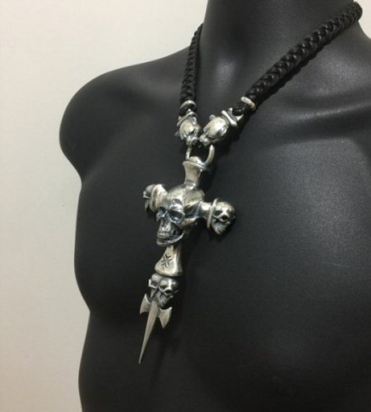 画像4: Large Skull On 2Skulls Hammer Cross Double Face Dagger With 2Panthers Braid Leather Necklace (4)