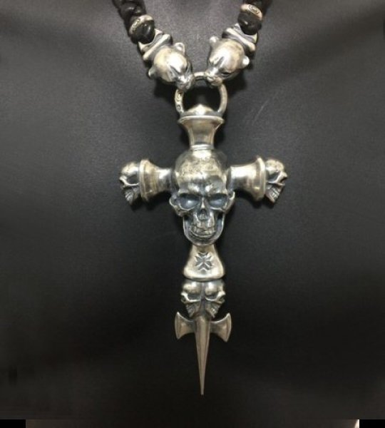 画像14: Large Skull On 2Skulls Hammer Cross Double Face Dagger With 2Panthers Braid Leather Necklace (14)