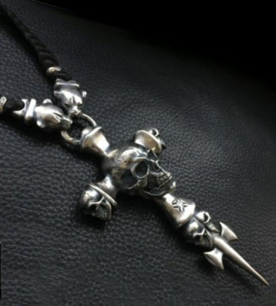 画像17: Large Skull On 2Skulls Hammer Cross Double Face Dagger With 2Panthers Braid Leather Necklace (17)