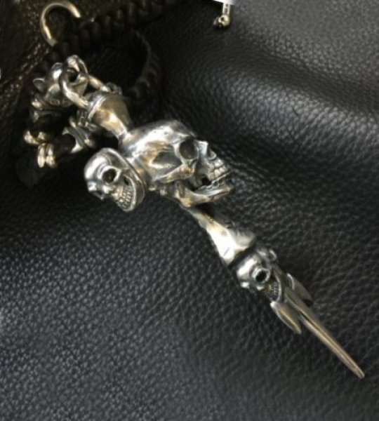 画像11: Large Skull On 2Skulls Hammer Cross Double Face Dagger With 2Panthers Braid Leather Necklace (11)