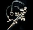 画像1: 3Skull On Plain Grooved Cross With Single Skull Dagger & 2Lions Braid Leather Necklace (1)