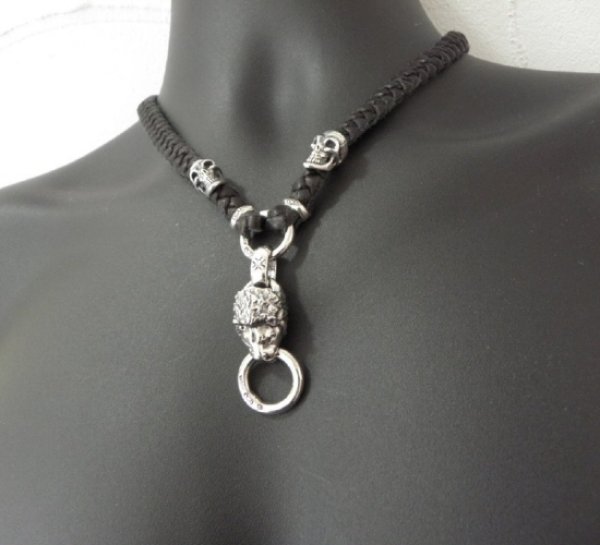 画像14: Half Lion With 2 Half Skulls braid leather necklace (14)