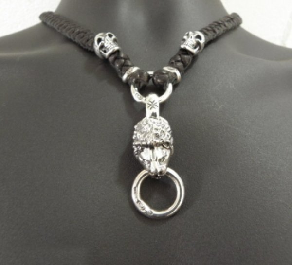 画像19: Half Lion With 2 Half Skulls braid leather necklace (19)