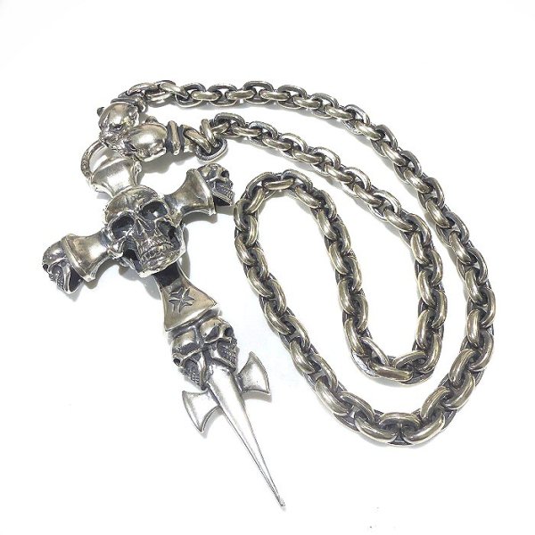 画像1: Large Skull On 2Skulls Hammer Cross Double Face Dagger With 2Panthers Small Oval Chain Necklace (1)