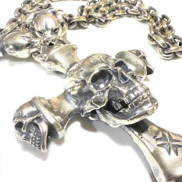 画像5: Large Skull On 2Skulls Hammer Cross Double Face Dagger With 2Panthers Small Oval Chain Necklace (5)