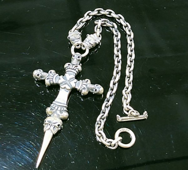 画像1: Half 3 Skulls On 4 Heart Crown Cross Double Face Dagger & Bulldogs Half Small Oval Chain Links Necklace (1)