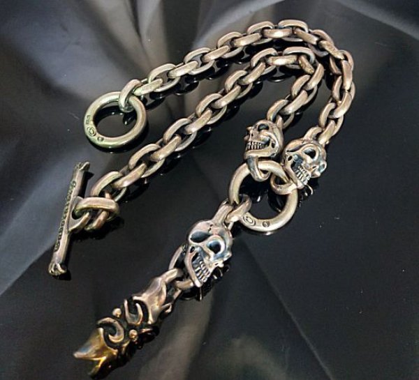 画像1: Single Skull With Macaroni 2 Single Skulls & Small Oval Chain Links Necklace (1)