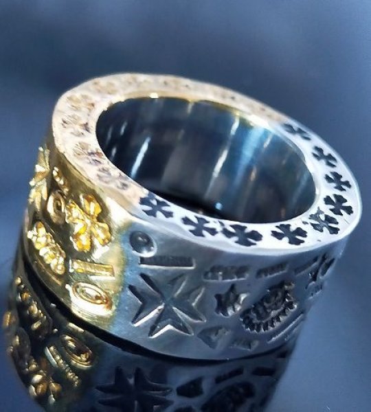 画像6: Pure Gold Wrap12mm Wide Multi Stamp Flat Bar Ring Bold (6)