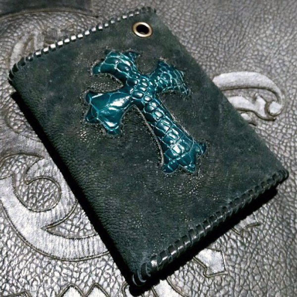 画像4: Crocodile Flank Cross Inlay Elephant Long Short Wallet (4)